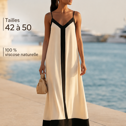 Robe maxi bretelles fines col V fluide bordures contrastées crème noir bohème femme plage Lumière Bohème