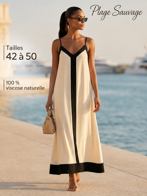 Robe maxi bretelles fines col V fluide bordures contrastées crème noir bohème femme plage Lumière Bohème