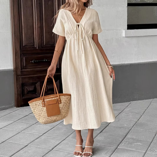 Robe midi col V lacets gaufrée crème bohème femme été casual Lumière Bohème