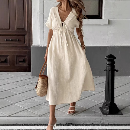 Robe midi col V lacets gaufrée crème bohème femme été casual Lumière Bohème