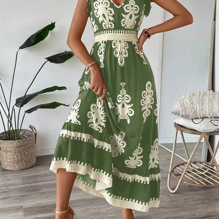 Robe Midi Col V Manches Cap Imprimé Baroque Smockée | Style Bohème Femme | Lumière Bohème