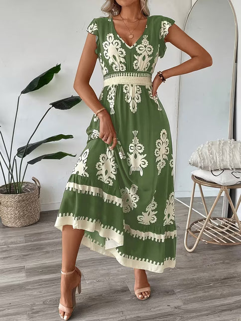 Robe Midi Col V Manches Cap Imprimé Baroque Smockée | Style Bohème Femme | Lumière Bohème