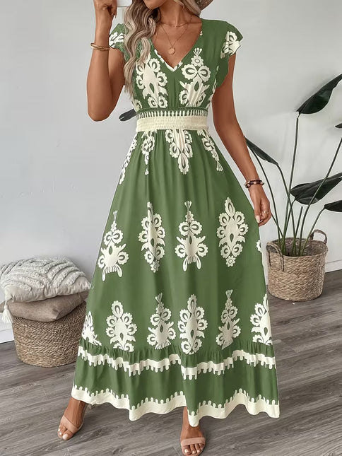 Robe Midi Col V Manches Cap Imprimé Baroque Smockée | Style Bohème Femme | Lumière Bohème