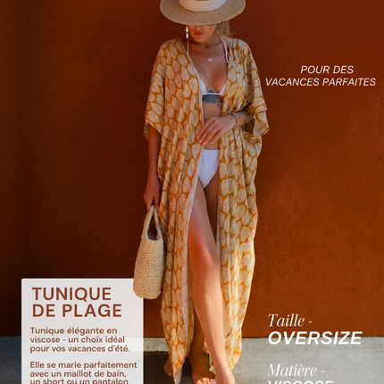 Kimono long imprimé feuilles caramel crème manches larges fente bohème femme plage Lumière Bohème