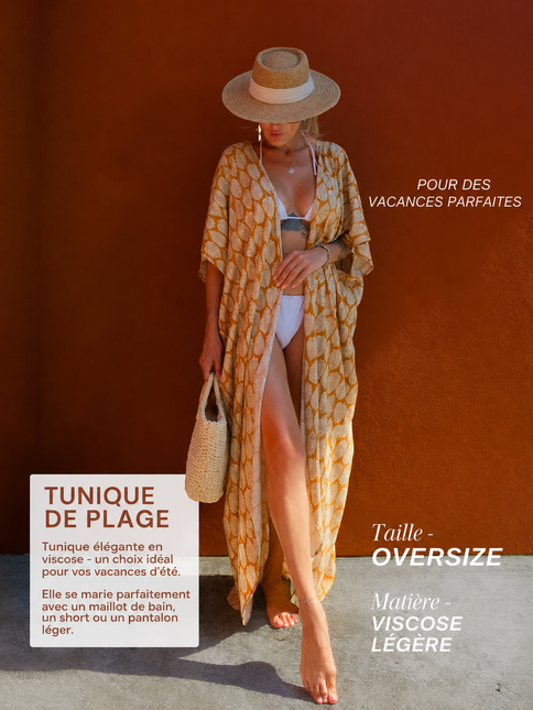 Kimono long imprimé feuilles caramel crème manches larges fente bohème femme plage Lumière Bohème