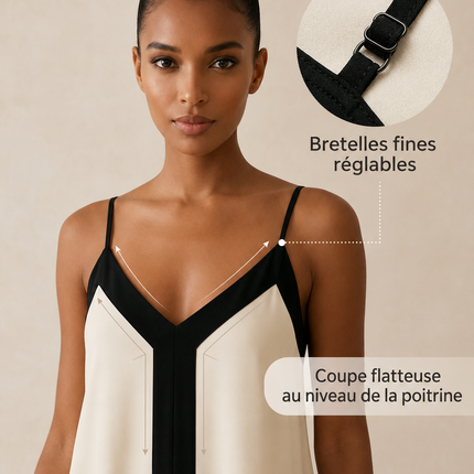 Robe maxi bretelles fines col V fluide bordures contrastées crème noir bohème femme plage Lumière Bohème