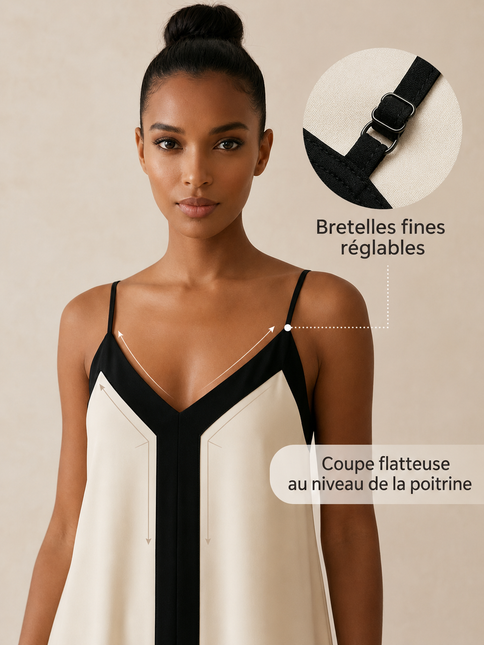 Robe maxi bretelles fines col V fluide bordures contrastées crème noir bohème femme plage Lumière Bohème