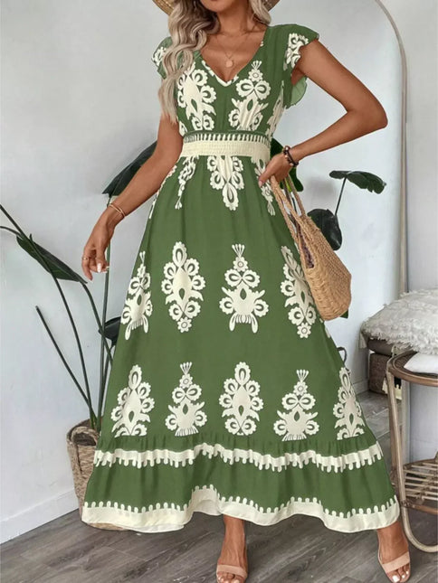 Robe Midi Col V Manches Cap Imprimé Baroque Smockée | Style Bohème Femme | Lumière Bohème