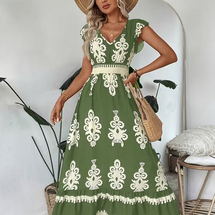 Robe Midi Col V Manches Cap Imprimé Baroque Smockée | Style Bohème Femme | Lumière Bohème