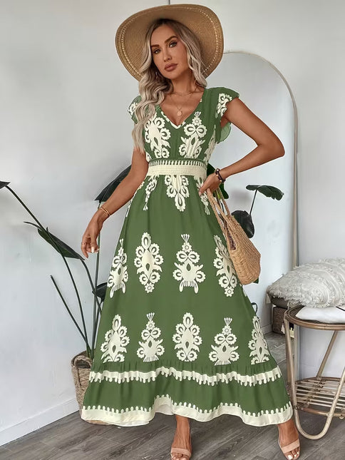 Robe Midi Col V Manches Cap Imprimé Baroque Smockée | Style Bohème Femme | Lumière Bohème