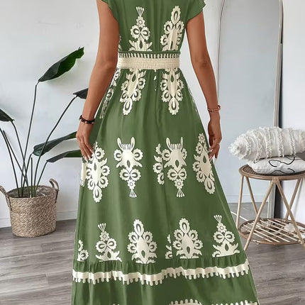 Robe Midi Col V Manches Cap Imprimé Baroque Smockée | Style Bohème Femme | Lumière Bohème