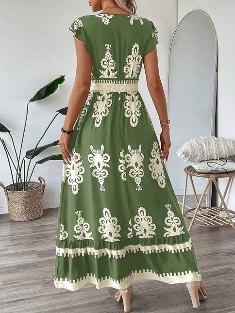 Robe Midi Col V Manches Cap Imprimé Baroque Smockée | Style Bohème Femme | Lumière Bohème