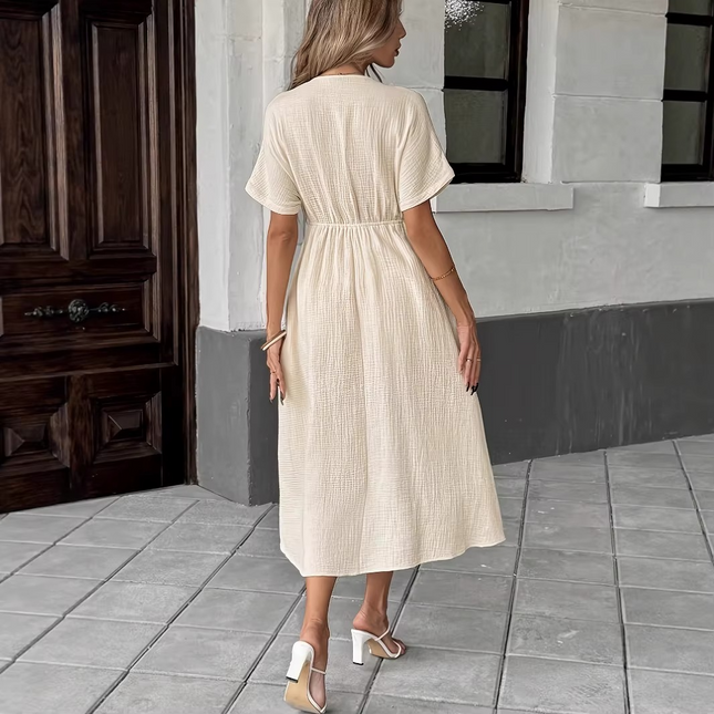 Robe midi col V lacets gaufrée crème bohème femme été casual Lumière Bohème