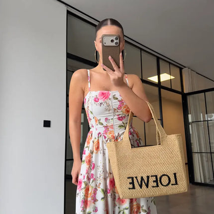 Robe longue smockée imprimé floral roses blanc bohème femme été mariage Lumière Bohème