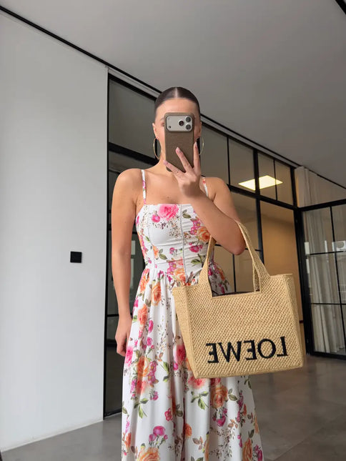 Robe longue smockée imprimé floral roses blanc bohème femme été mariage Lumière Bohème