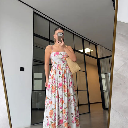Robe longue smockée imprimé floral roses blanc bohème femme été mariage Lumière Bohème