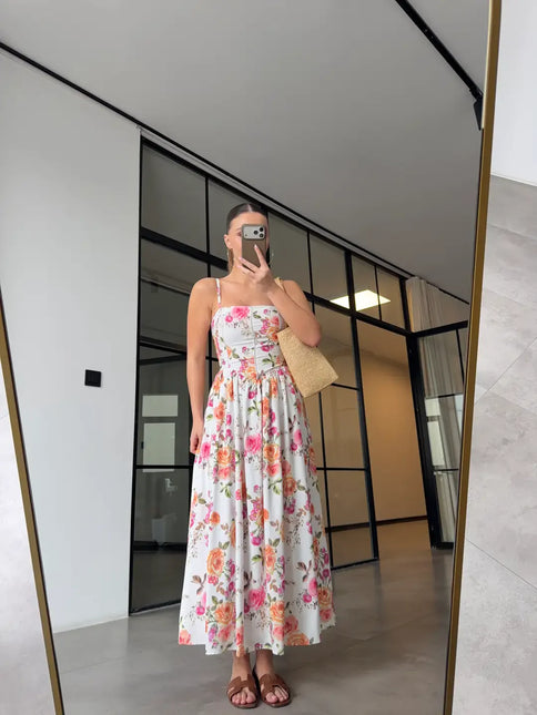 Robe longue smockée imprimé floral roses blanc bohème femme été mariage Lumière Bohème