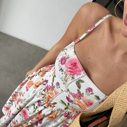 Robe longue smockée imprimé floral roses blanc bohème femme été mariage Lumière Bohème