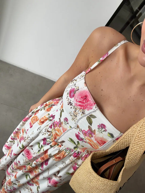 Robe longue smockée imprimé floral roses blanc bohème femme été mariage Lumière Bohème