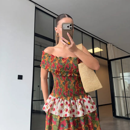 Robe longue bardot smockée volants tropical moutarde bohème femme été plage Lumière Bohème
