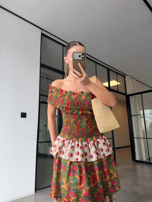 Robe longue bardot smockée volants tropical moutarde bohème femme été plage Lumière Bohème