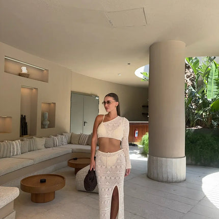 Ensemble 2 Pièces Crochet Ajouré Top Une Manche Jupe Longue Fente | Style Bohème Femme | Lumière Bohème