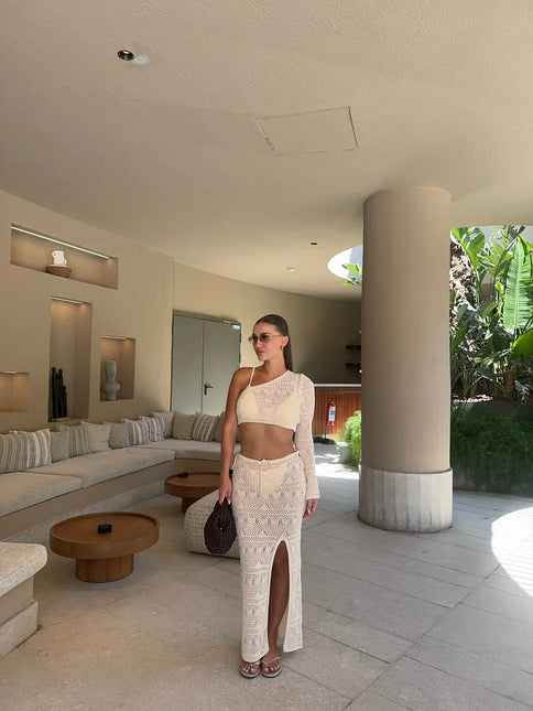 Ensemble 2 Pièces Crochet Ajouré Top Une Manche Jupe Longue Fente | Style Bohème Femme | Lumière Bohème