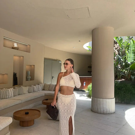 Ensemble 2 Pièces Crochet Ajouré Top Une Manche Jupe Longue Fente | Style Bohème Femme | Lumière Bohème