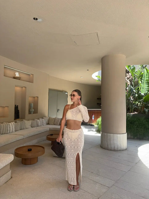 Ensemble 2 Pièces Crochet Ajouré Top Une Manche Jupe Longue Fente | Style Bohème Femme | Lumière Bohème