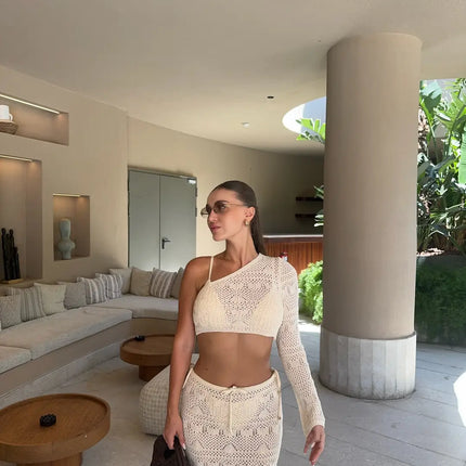 Ensemble 2 Pièces Crochet Ajouré Top Une Manche Jupe Longue Fente | Style Bohème Femme | Lumière Bohème