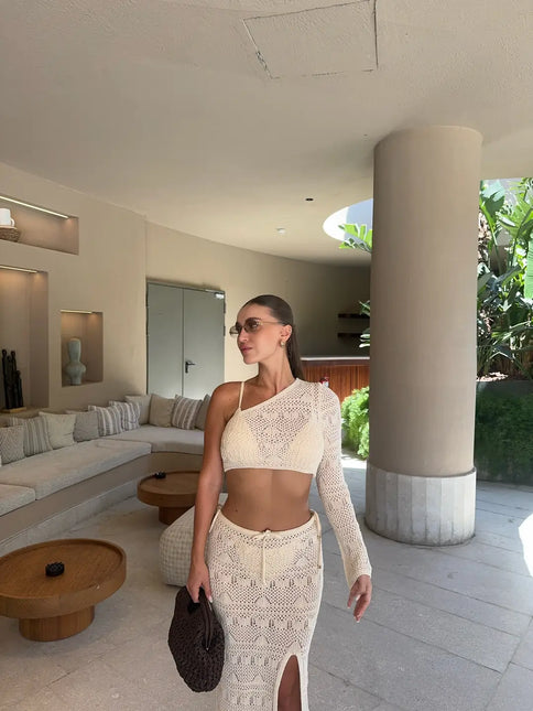 Ensemble 2 Pièces Crochet Ajouré Top Une Manche Jupe Longue Fente | Style Bohème Femme | Lumière Bohème
