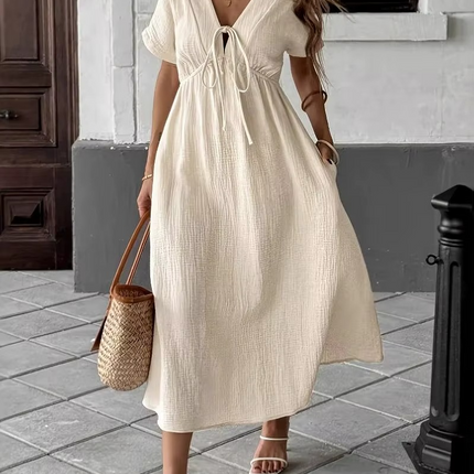 Robe midi col V lacets gaufrée crème bohème femme été casual Lumière Bohème