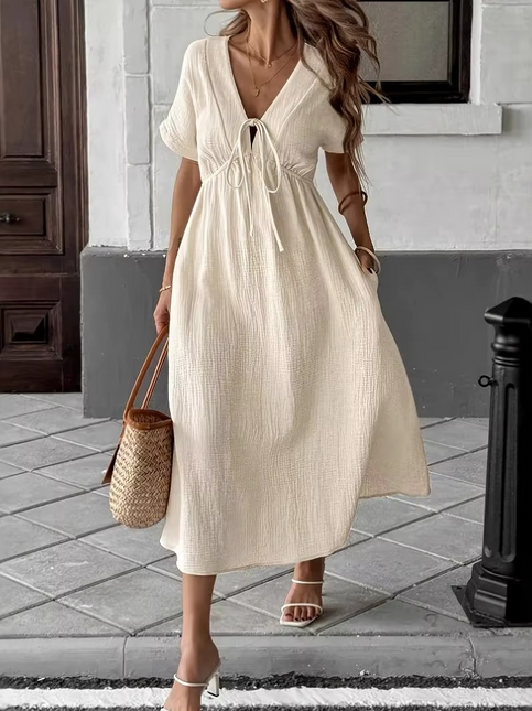 Robe midi col V lacets gaufrée crème bohème femme été casual Lumière Bohème