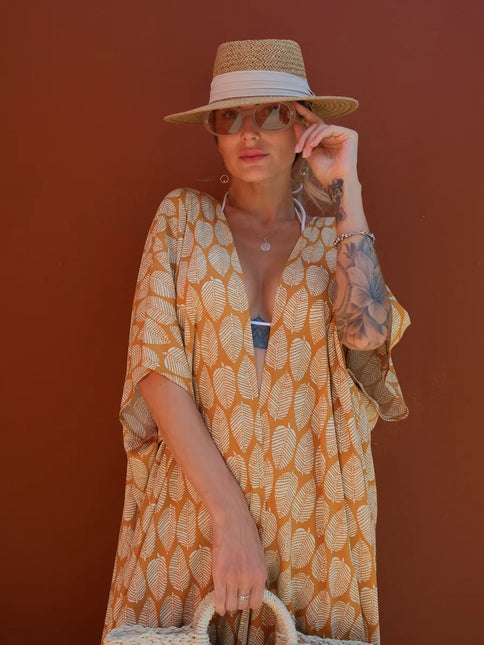 Kimono long imprimé feuilles caramel crème manches larges fente bohème femme plage Lumière Bohème