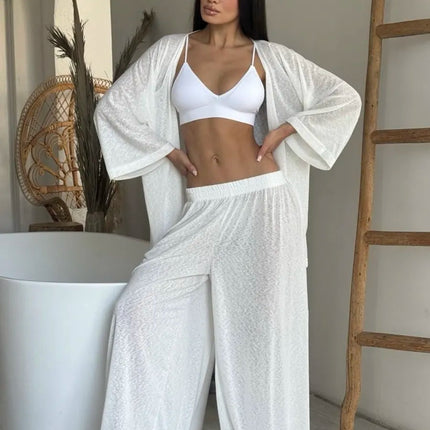 Ensemble 3 en 1 kimono pantalon large texturé brillant ceinture blanc bohème femme maison plage Lumière Bohème