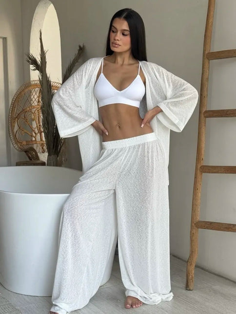 Ensemble 3 en 1 kimono pantalon large texturé brillant ceinture blanc bohème femme maison plage Lumière Bohème